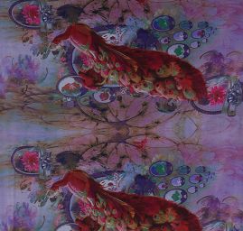 Žoržet digitální tisk páv fialový