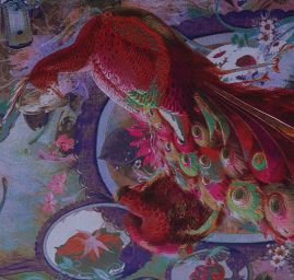 Žoržet digitální tisk páv fialový