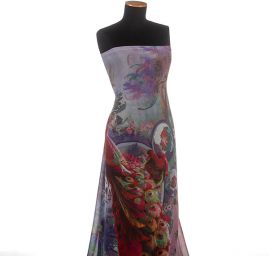 Žoržet digitální tisk páv fialový