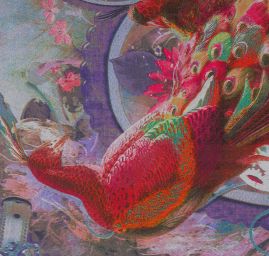 Žoržet digitální tisk páv fialový