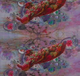 Žoržet digitální tisk páv fialový