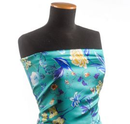 Hedvábný atlas pružný květy tyrkysový