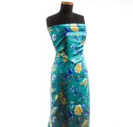 Hedvábný atlas pružný květy tyrkysový