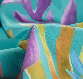 Žoržet šatový pružný bordura květy tyrkysový