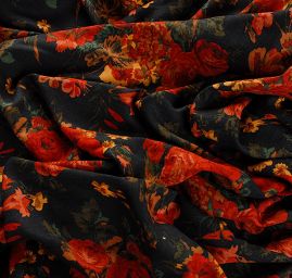 Šatová látka imitace kašmíru barevné květy/černá