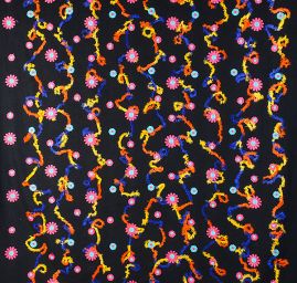 Vlněná látka s barevnými květy tmavě modrá