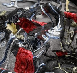 Krajka výšivka drobné květy motýlci černý tyl