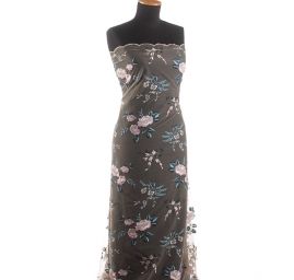 Krajka výšivka na tylu barevné květy béžová