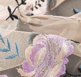 Krajka výšivka na tylu barevné květy béžová