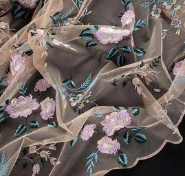 Krajka výšivka na tylu barevné květy béžová