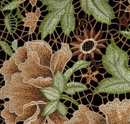 Krajka hrubá plastický vzor barevné kěty hnědé