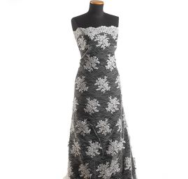 Krajka na vzorovém tylu květy šedá