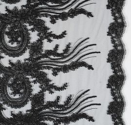 Krajka bordurová na tylu květy/ornament černá