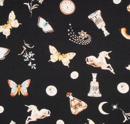 Žoržetová pletenina design MarLen tisk jednorožec černá