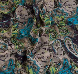 Šifon plise motiv paisley v zelených odstínech