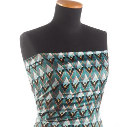 Satén pružný tisk art deco vzor tyrkysový