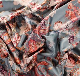 Satén pružný tisk vzor kašmír/paisley hnědošedý