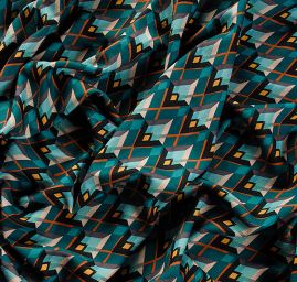 Žoržet šatový pružný tisk art deco vzor tyrkysový