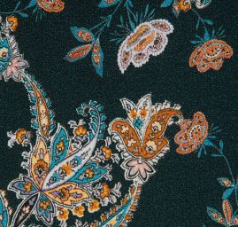 Žoržet šatový pružný tisk květy paisley zelený