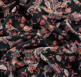 Žoržet šatový pružný tisk květy paisley černý