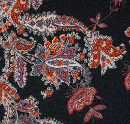 Žoržet šatový pružný tisk květy paisley černý