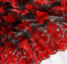 Krajka tylová plastický květ červenočerná