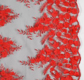 Krajka tylová plastický květ červenočerná