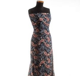 Viskozová šatová látka tisk paisley vzor modročervená