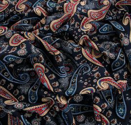 Viskozová šatová látka tisk paisley vzor modročervená