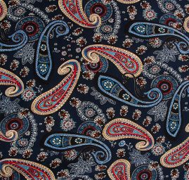 Viskozová šatová látka tisk paisley vzor modročervená