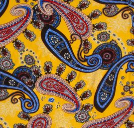 Viskozová šatová látka tisk paisley vzor modrožlutá