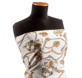 Viskozová šatová látka tisk motiv řemínky pásky kabelky