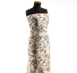 Viskozová šatová látka tisk motiv řemínky pásky kabelky