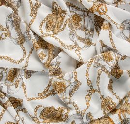 Viskozová šatová látka tisk motiv řemínky pásky kabelky