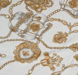 Viskozová šatová látka tisk motiv řemínky pásky kabelky