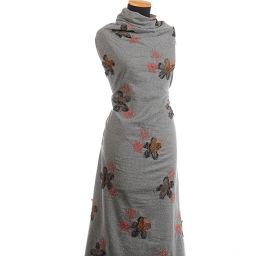 Vlněná látka s aplikací výšivky květů červená/šedá