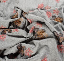 Vlněná látka s aplikací výšivky květů červená/šedá