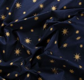 Bavlněná látka vánoční motiv hvězdiček zlatá/modrá