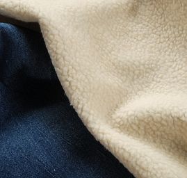 Beránek imitace bílý/riflovina modrá II.jakost