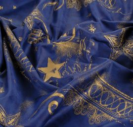 Bavlněná látka vánoční vzor hvězdy orznamenty modrá zlatá