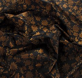 Bavlněná látka vánoční vzor lístků starozlatá černá