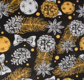 Bavlněná látka vánoční vzor šišky a ozdoby žlutočerná