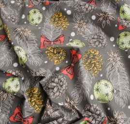 Bavlněná látka vánoční vzor šišky a mašličky šedá