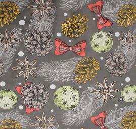 Bavlněná látka vánoční vzor šišky a mašličky šedá