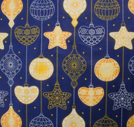 Bavlněná látka vánoční vzor ozdoby a hvězdy modrá