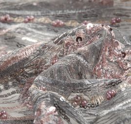 Krajka výšivka na tylu s korálky rokajlem flitry šedá