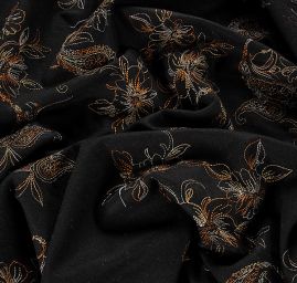 Vlněná látka s výšivkou paisley motiv/květy tm.hnědá