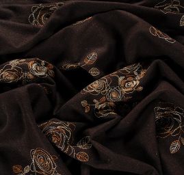 Vlněná látka s výšivkou květů hnědá