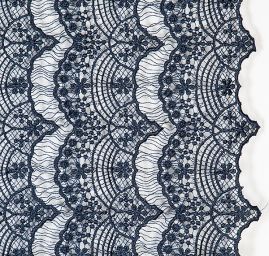 Efektní hrubá krajka motiv květy/vlnky temně modrá