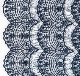 Efektní hrubá krajka motiv květy/vlnky temně modrá